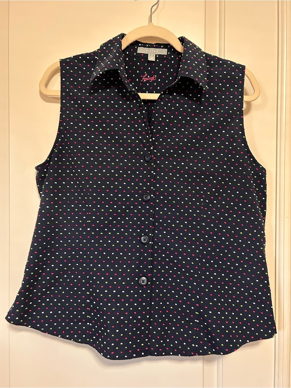 ⛳️☀️🎾Foxcroft Navy Sleeveless Button-Down Shirt Textured Polka Dots🎾☀️⛳️